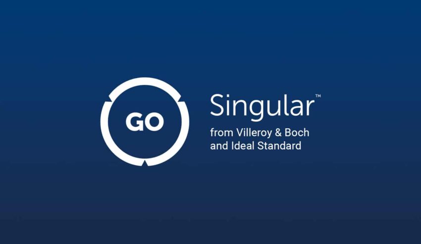 Kreisförmiges „GO“-Logo mit dem Schriftzug „Singular from Villeroy & Boch and Ideal Standard“ auf blauem Hintergrund