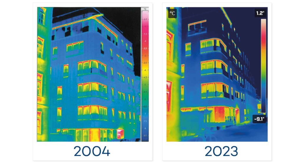 Thermografieaufnahmen eines Wohngebäudes in München im Vergleich 2004 und 2023 zur Darstellung der verbesserten Wärmedämmung.