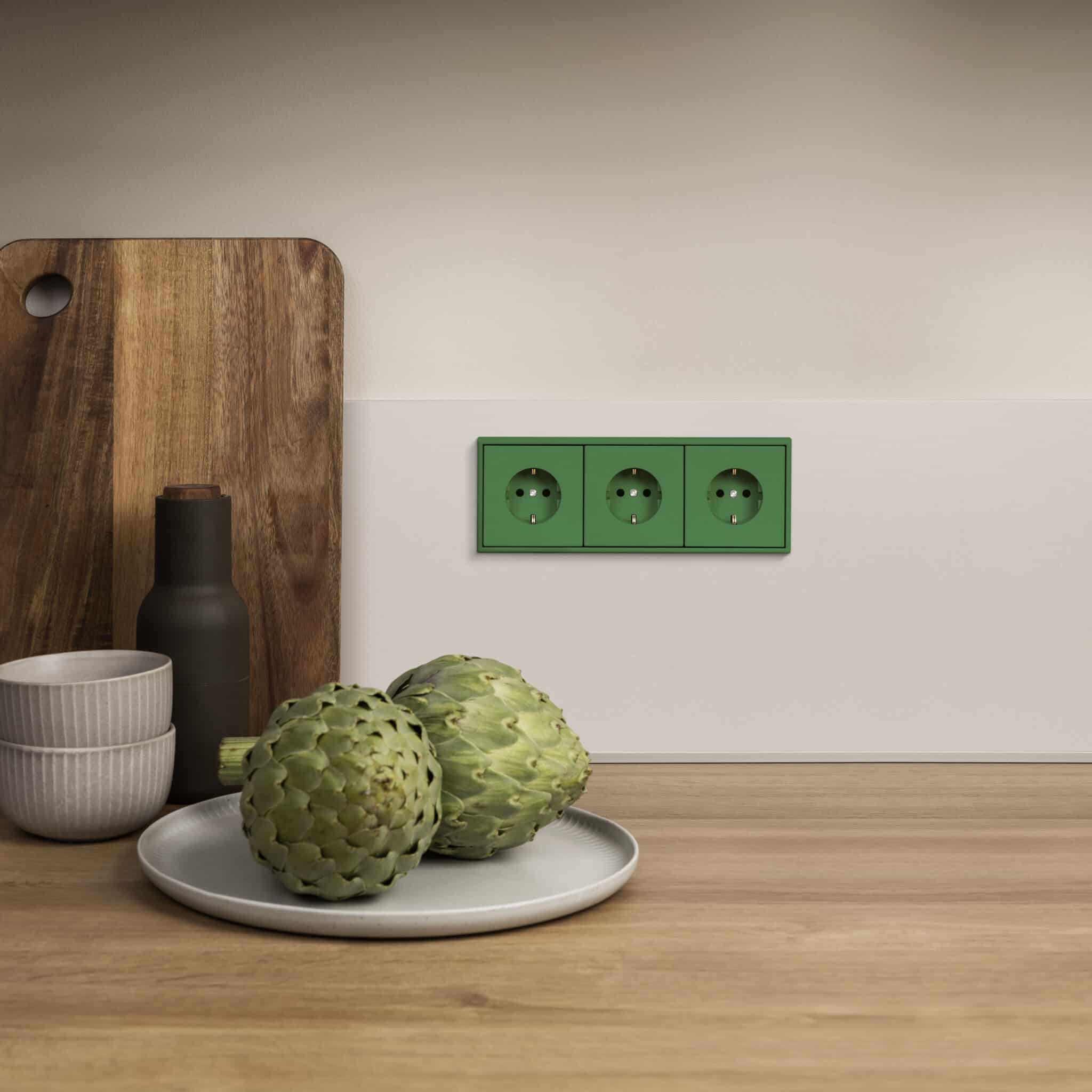 Grüne Steckdosen in moderner Küche neben Holzarbeitsfläche und Dekoelementen.