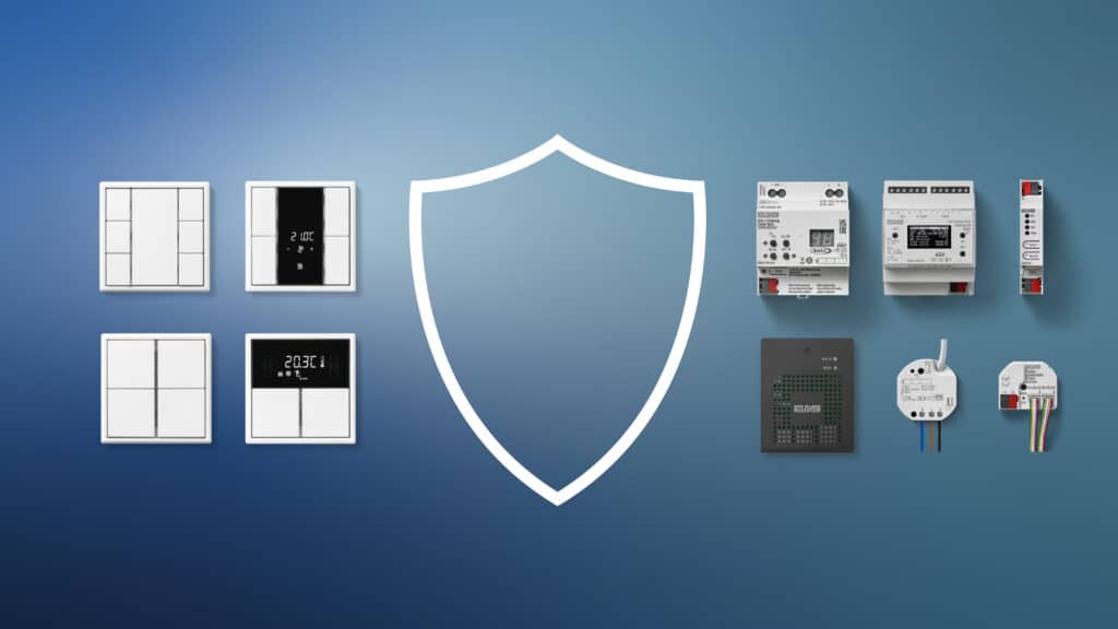 Übersicht JUNG KNX Secure System mit Tastern, Sensoren und Systemgeräten für sichere Gebäudeautomation.