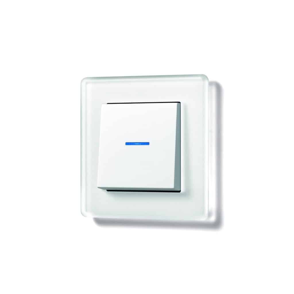 Weißer JUNG AVIVA Schalter mit blauer LED-Anzeige – elegantes Design für moderne Wohn- und Arbeitsumgebungen
