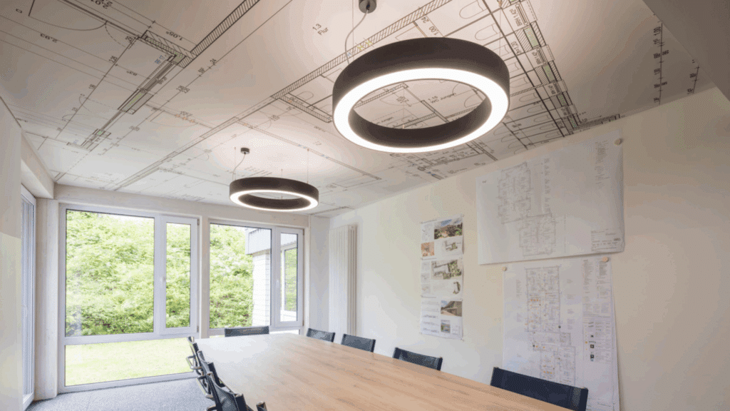 Innenaufnahme eines hellen Besprechungsraums mit großem Holztisch, schwarzen Stühlen und einer individuell bedruckten Spanndecke mit Bauplänen, ergänzt durch runde LED-Deckenleuchten.