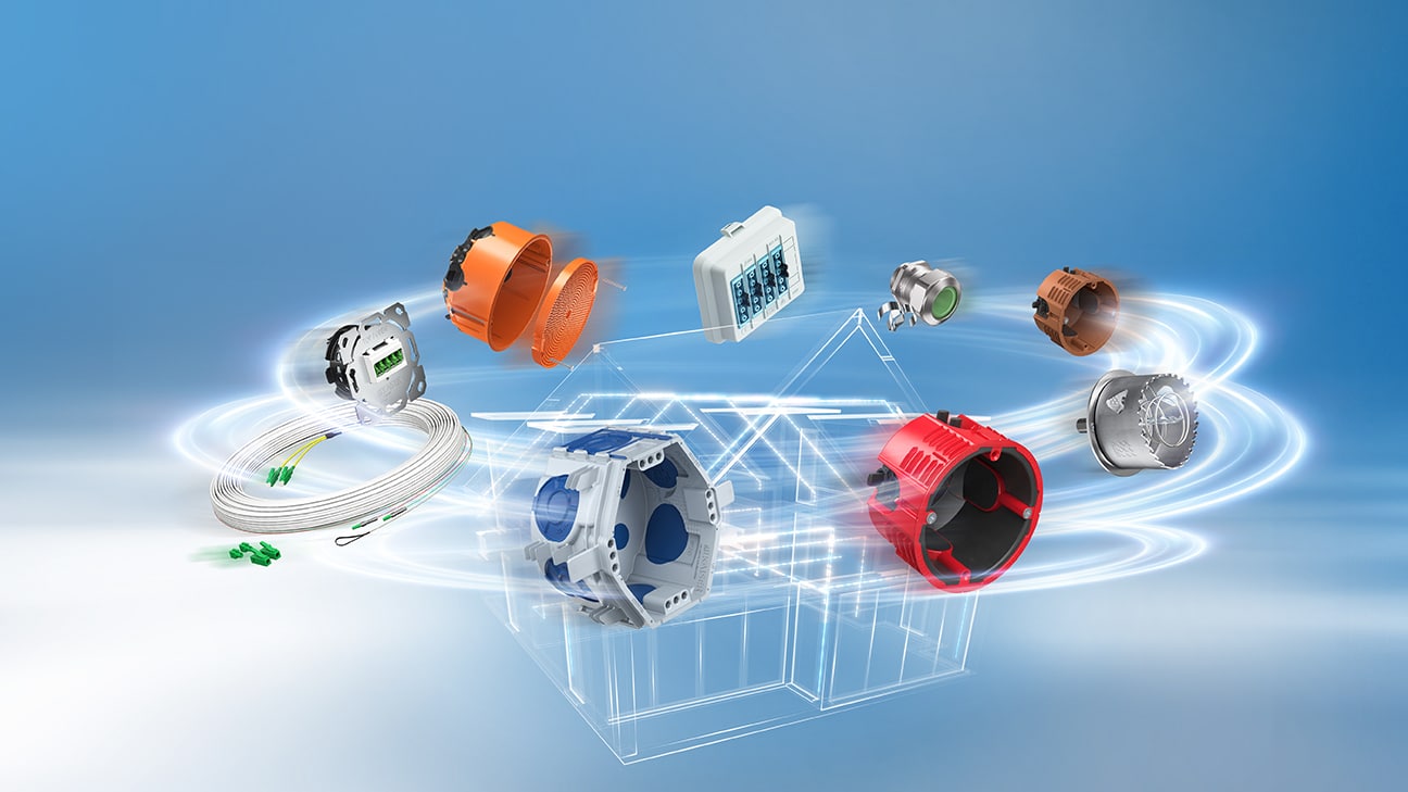 Darstellung verschiedener KAISER Produkte wie Installationsdosen, Leitungsführungen und Komponenten vor technischem 3D-Hintergrund.
