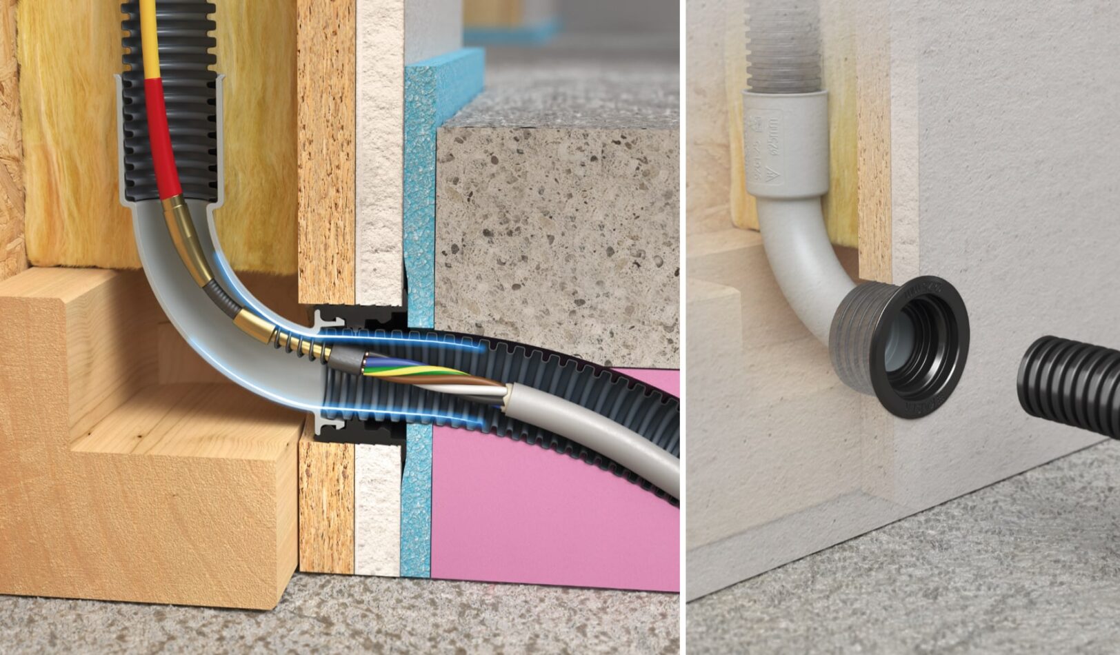 Detailbild einer 90-Grad-Leitungsführung im Holzbau mit KAISER Komponenten, inklusive Dämmung, flexiblem Rohr und Holzkonstruktion.