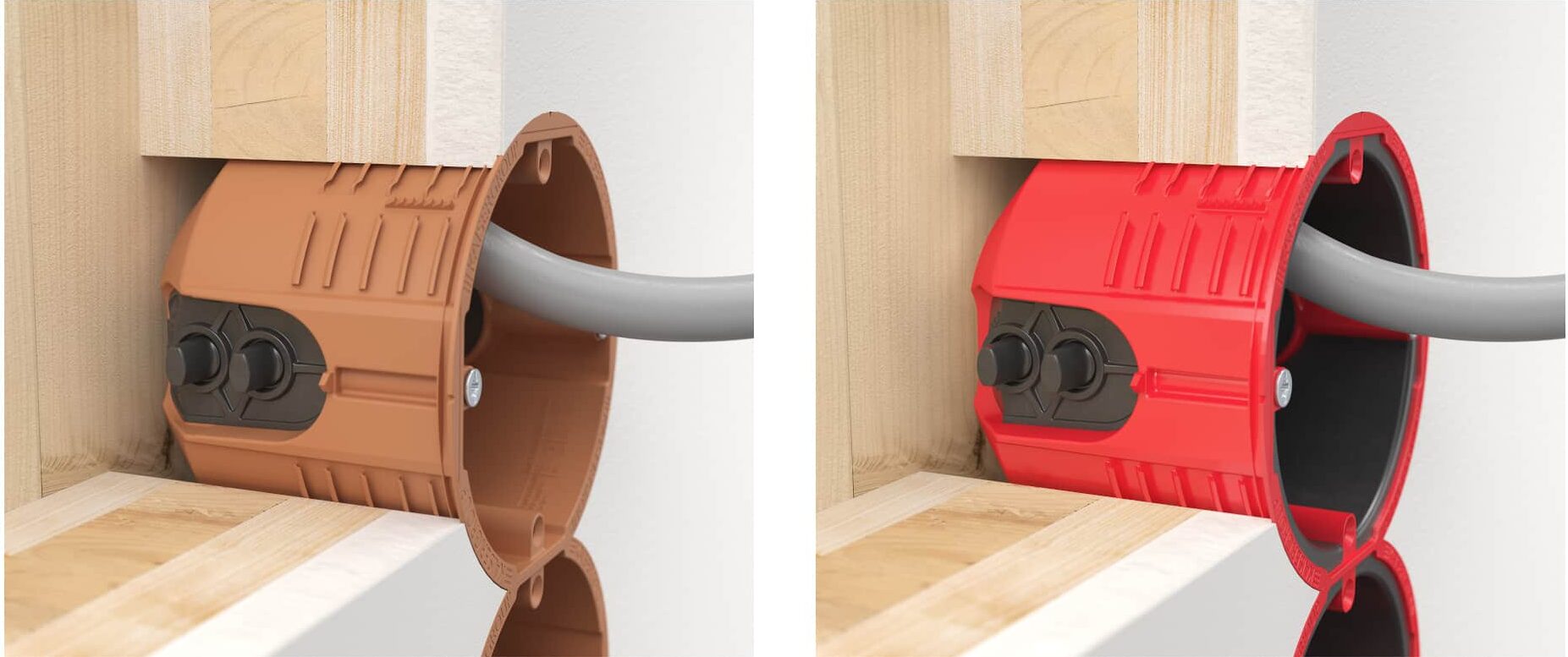 Vergleich von KAISER Installationsdosen für den Holzbau in Standard- und Brandschutzausführung inklusive Leitungszuführung.