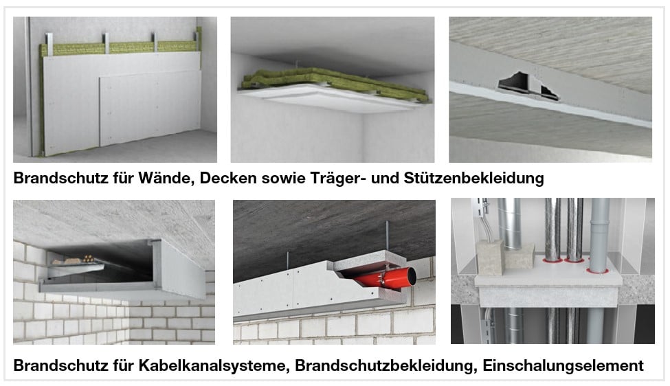 Übersicht zu Aestuver Brandschutzlösungen für Wände, Decken, Kabelkanäle und Trägerbekleidungen im baulichen Brandschutz