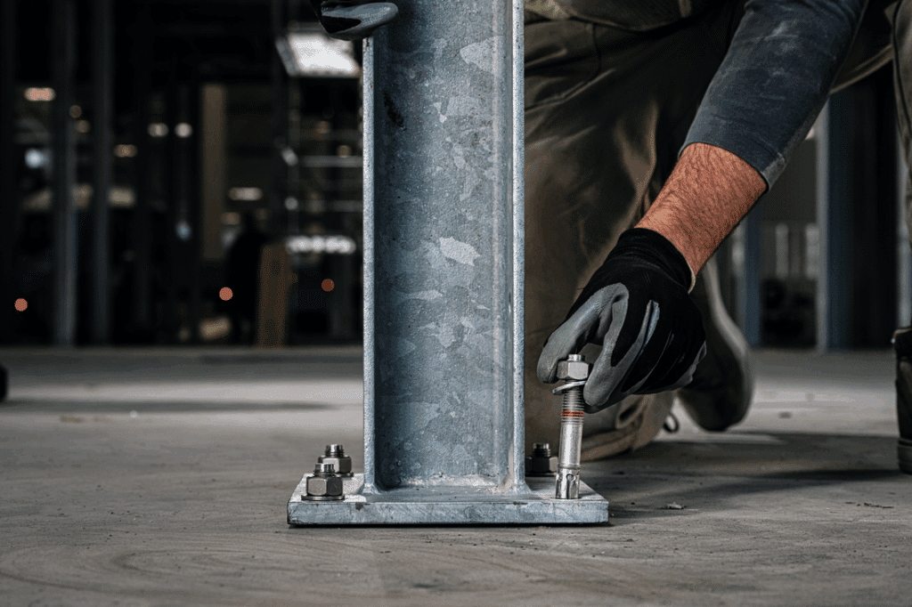 Arbeiter befestigt eine Stahlstütze mit einem Schwerlastanker am Boden einer Industriehalle.