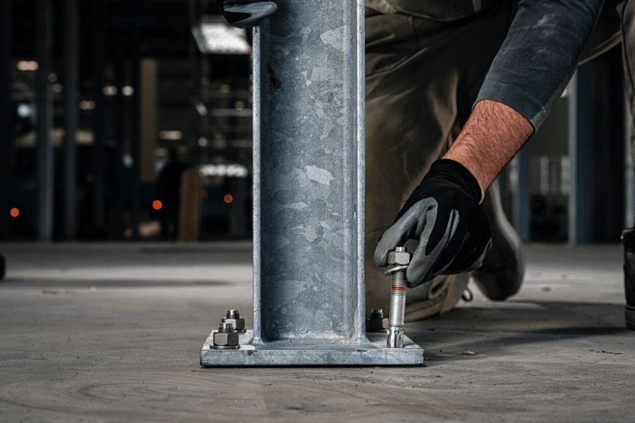 Arbeiter befestigt eine Stahlstütze mit einem Schwerlastanker am Boden einer Industriehalle.