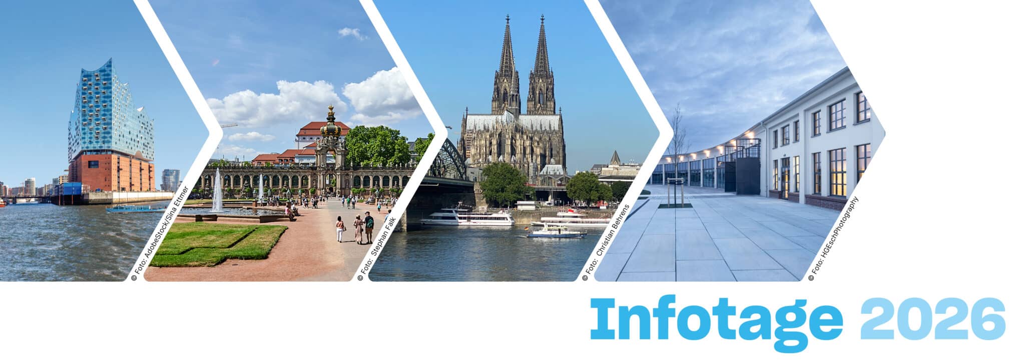 Banner mit vier städtischen Motiven der Infotage 2026: die Hamburger Elbphilharmonie, der Dresdner Zwinger, der Kölner Dom und ein moderner Campus- bzw. Tagungsstandort, kombiniert in einer grafischen Bildreihe mit dem Schriftzug „Infotage 2026“.