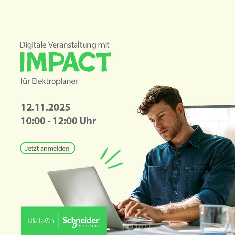 Mann arbeitet konzentriert am Laptop – Hinweis auf digitale Fachveranstaltung für Elektroplaner von Schneider Electric.