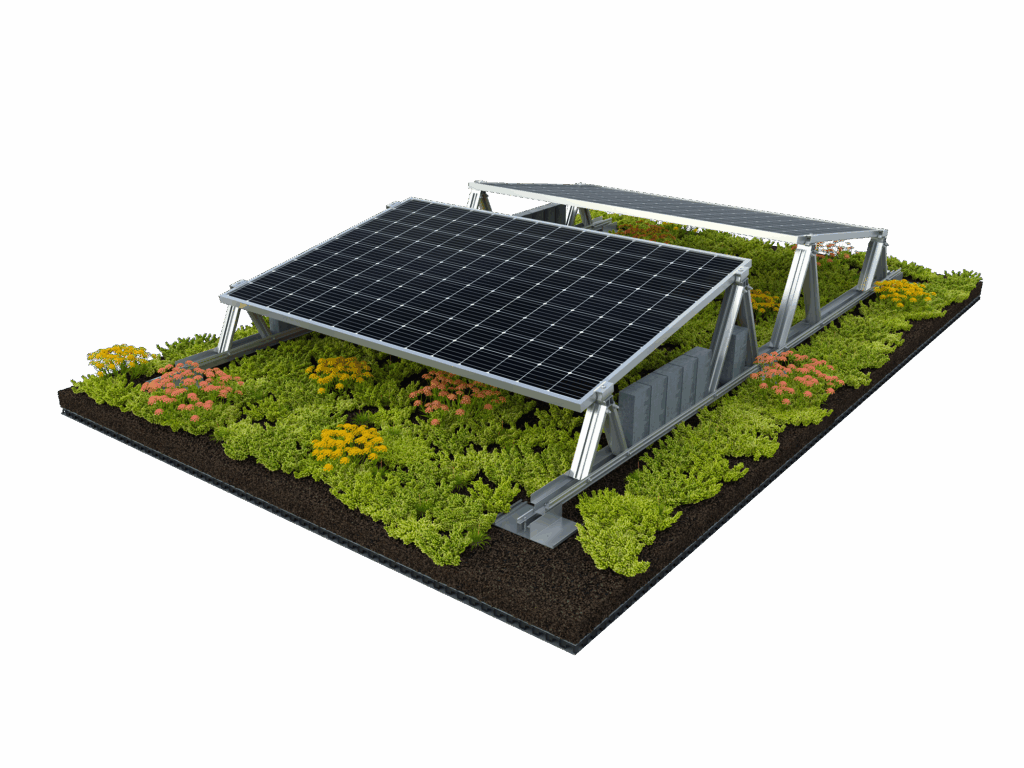 Visualisierung des Optigrün Solar TOP Systems mit aufgeständerten PV-Modulen auf einer extensiven Dachbegrünung.