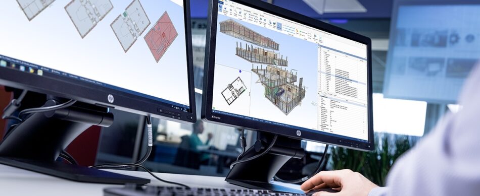 Ingenieur arbeitet am Computer mit 3D-BIM-Modellen auf zwei Monitoren.