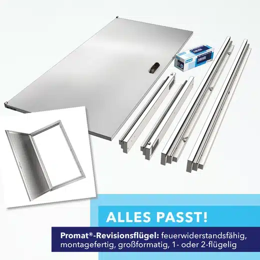Komplettes Montageset des Promat-Revisionsflügels bestehend aus Türblatt, Rahmen und Zubehörteilen.