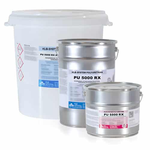 Gebinde des Polyurethan-Beschichtungssystems PU 5000 RX von KLB Kötztal für Parkhaus- und Industrieböden.