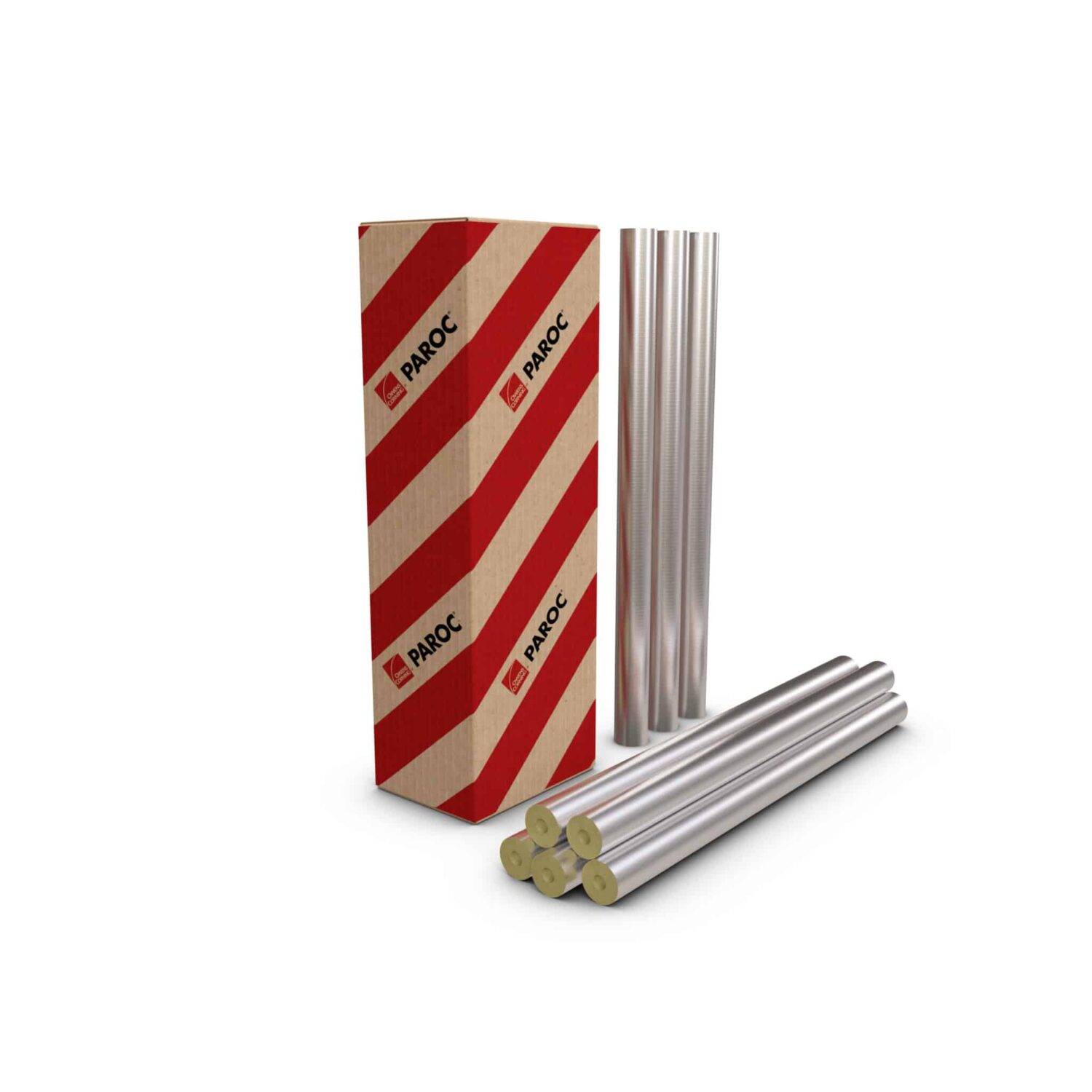 3D-Produktabbildung von Paroc Hvac Section AluCoat T Rohrschalen aus Steinwolle mit Aluminiumoberfläche, inklusive Verpackungseinheit.