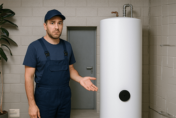 Handwerker in Arbeitskleidung zeigt auf einen weißen Warmwasserspeicher in einem Technikraum.