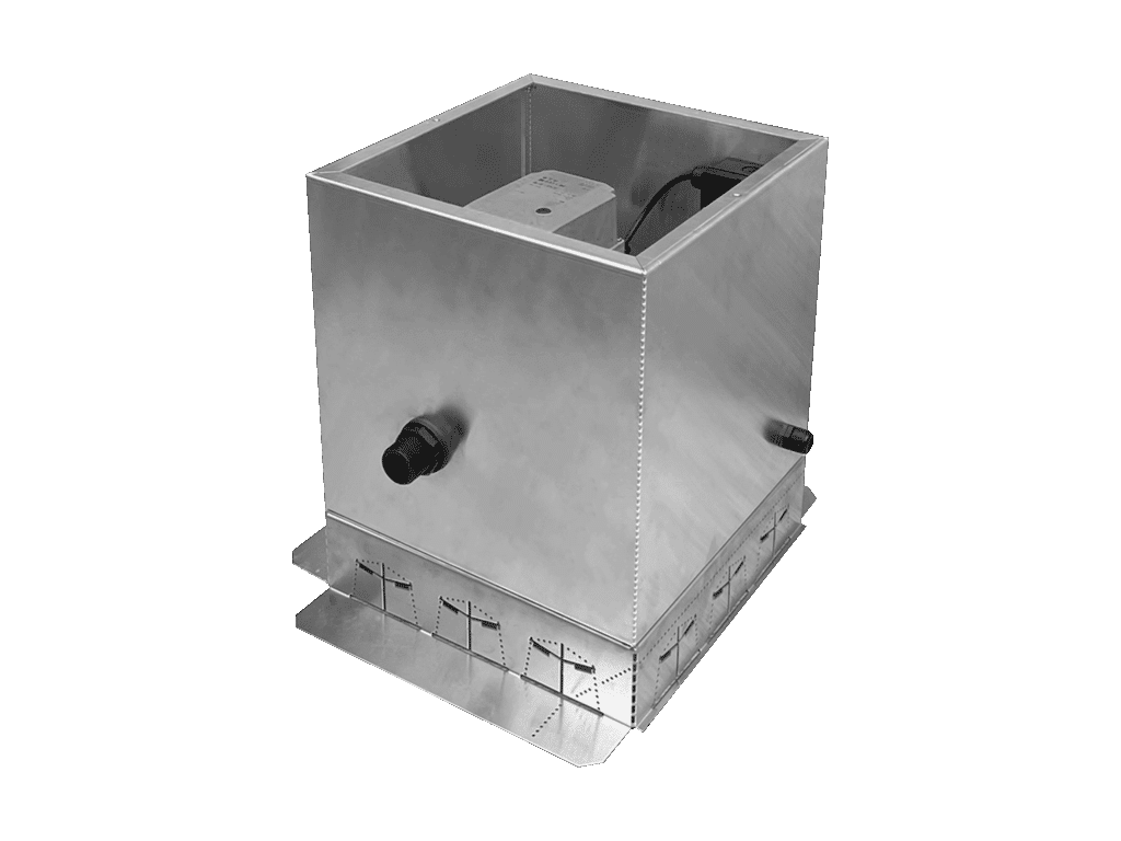 Smart Flow Irrigation SFI 40 – rechteckiges Gehäuse aus Edelstahl mit Anschlüssen für die Bewässerungstechnik.