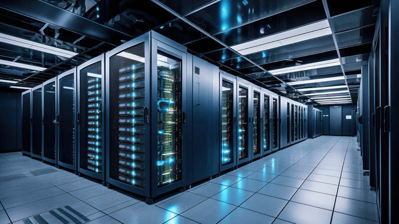 Innenansicht eines hochmodernen Rechenzentrums mit mehreren Serverracks, blauer LED-Beleuchtung und klimatisierter Infrastruktur für Datenverarbeitung.