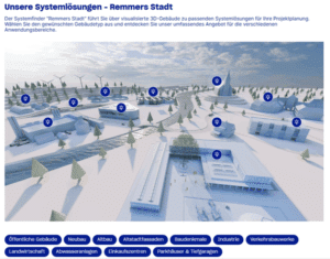 3D-Visualisierung der „Remmers Stadt“ mit verschiedenen Gebäudetypen und interaktiven Symbolen zu Systemlösungen für Bauprojekte.