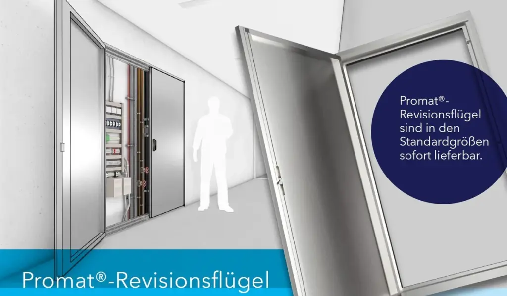 Geschlossener Promat-Revisionsflügel mit zwei Türflügeln, bündig in die Wandfläche integriert.