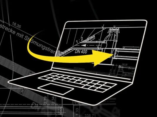 Werbebanner mit CAD-Zeichnung und stilisierter Laptopgrafik, Schriftzug „RIGOCAD – Effizient planen. Mit System zeichnen.“