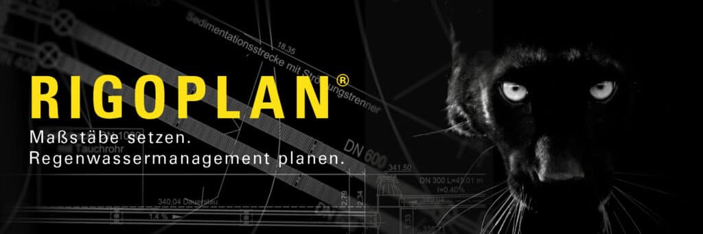 Werbebanner mit technischem Planhintergrund und schwarzem Panther, Schriftzug „RIGOPLAN – Maßstäbe setzen. Regenwassermanagement planen.“