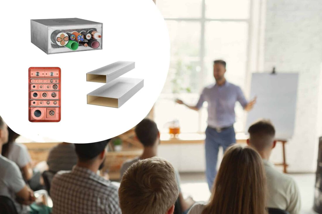 Brandschutzschulung mit Publikum; im Fokus Abschottungssysteme und INSTAFIX Brandschutzkanäle als grafische Einblendung für praxisnahe Vermittlung von Kabel- und Rohrabschottungen