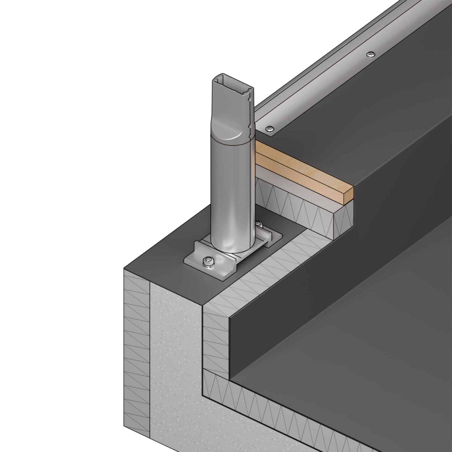 Technische Schnittzeichnung: Barrial-FIX-D-Fuß auf Attika mit überlappender Dachabdichtung und Holzauflage.