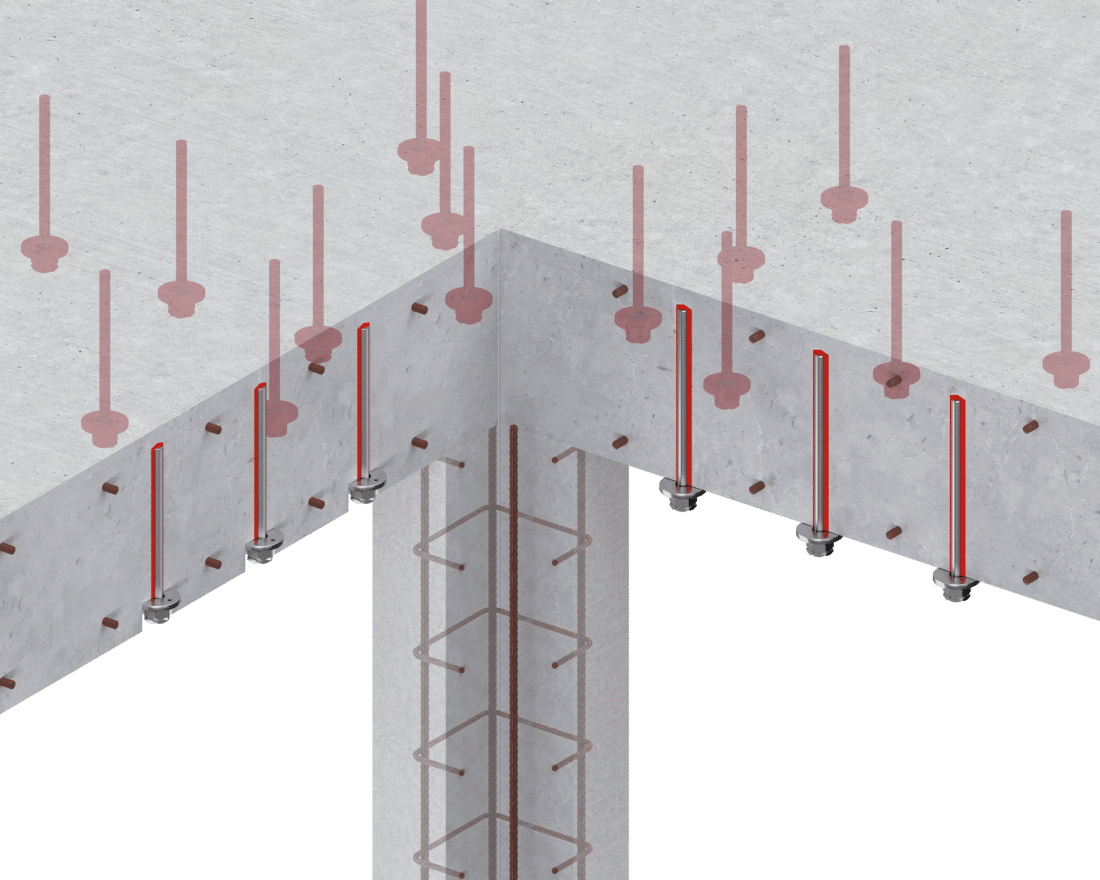 Visualisierung einer Betondecke mit nachträglich installierten Querkraftankern.