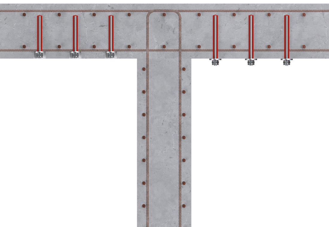 Technische Darstellung eines verstärkten Betonquerschnitts mit Querkraftankern.