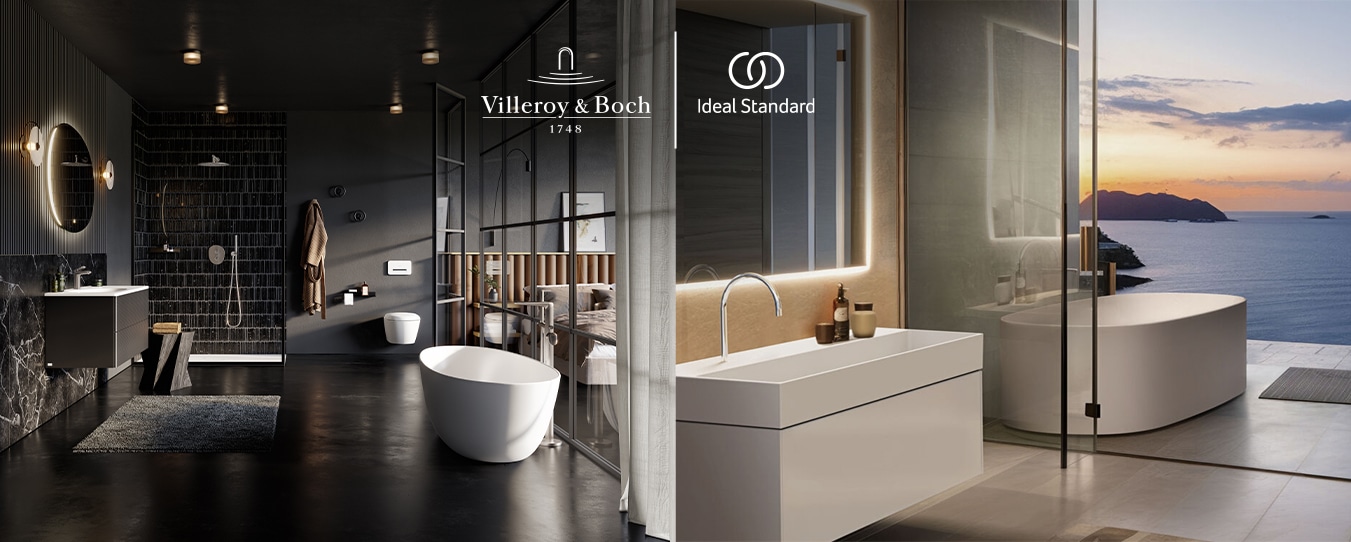 Elegantes Badezimmer-Interieur mit Badewanne, Waschtisch und Meerblick; Kombination von Produkten beider Marken