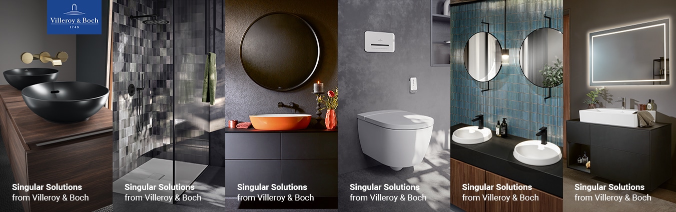 Sechs moderne Badezimmerlösungen mit Waschtischen, Armaturen, WCs und Duschen von Villeroy & Boch