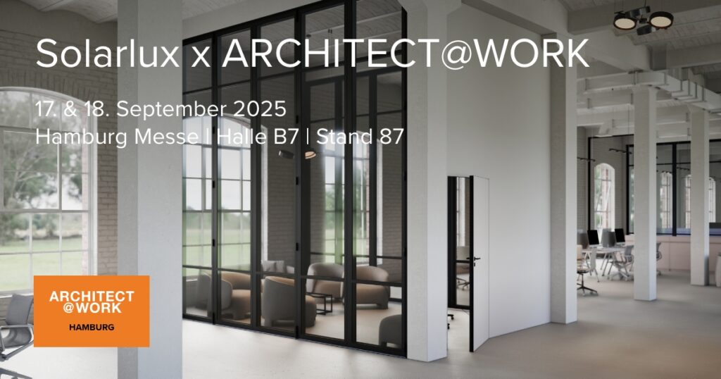 Innenaufnahme eines modernen Bürolofts mit Glas-Faltwänden von Solarlux, Ankündigung der ARCHITECT@WORK Hamburg Messe am 17. und 18. September 2025, Halle B7, Stand 87.