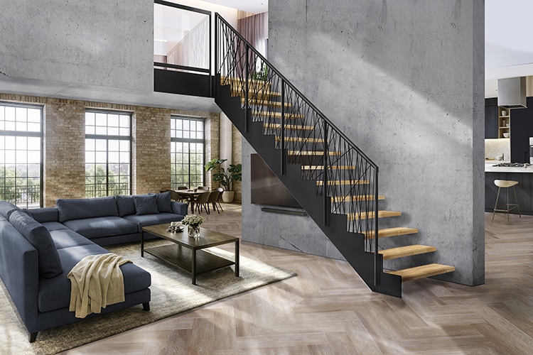 Moderne Stahltreppe mit massiven Holzstufen in einem großzügigen Loft mit Betonwand, großen Industriefenstern und offenem Wohnbereich.