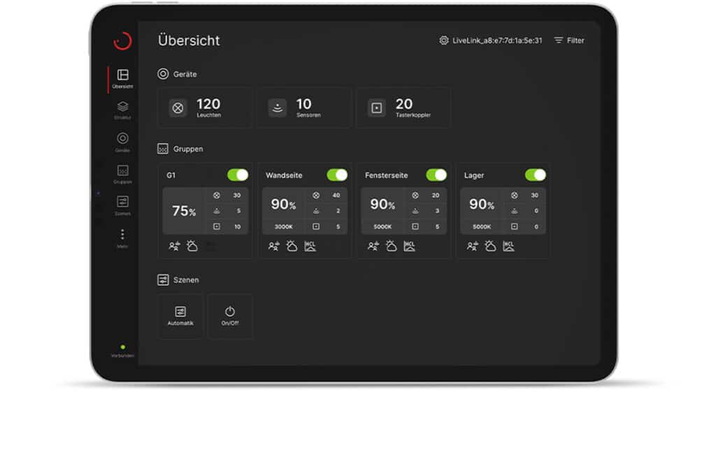 Tablet mit LiveLink-One-Steuerungsoberfläche für Beleuchtung in dunklem Modus.