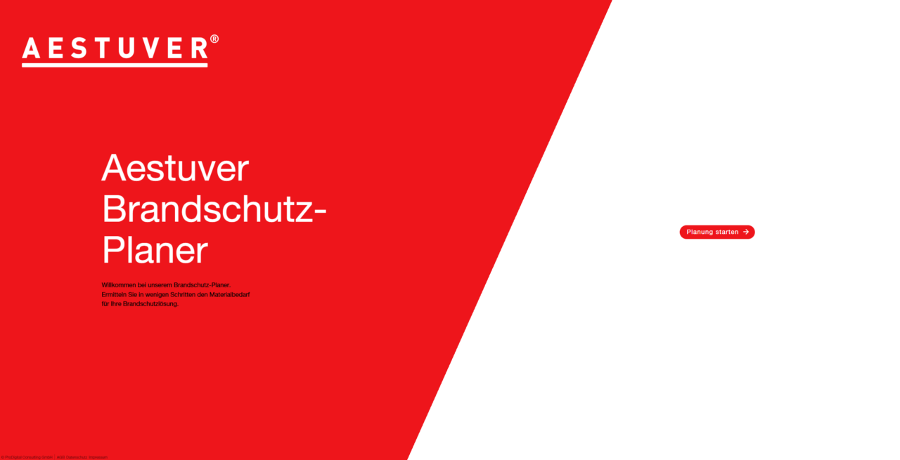 Startseite vom Aestuver Brandschutzplaner zur Ermittlung des Materialbedarfs für Brandschutzlösungen.