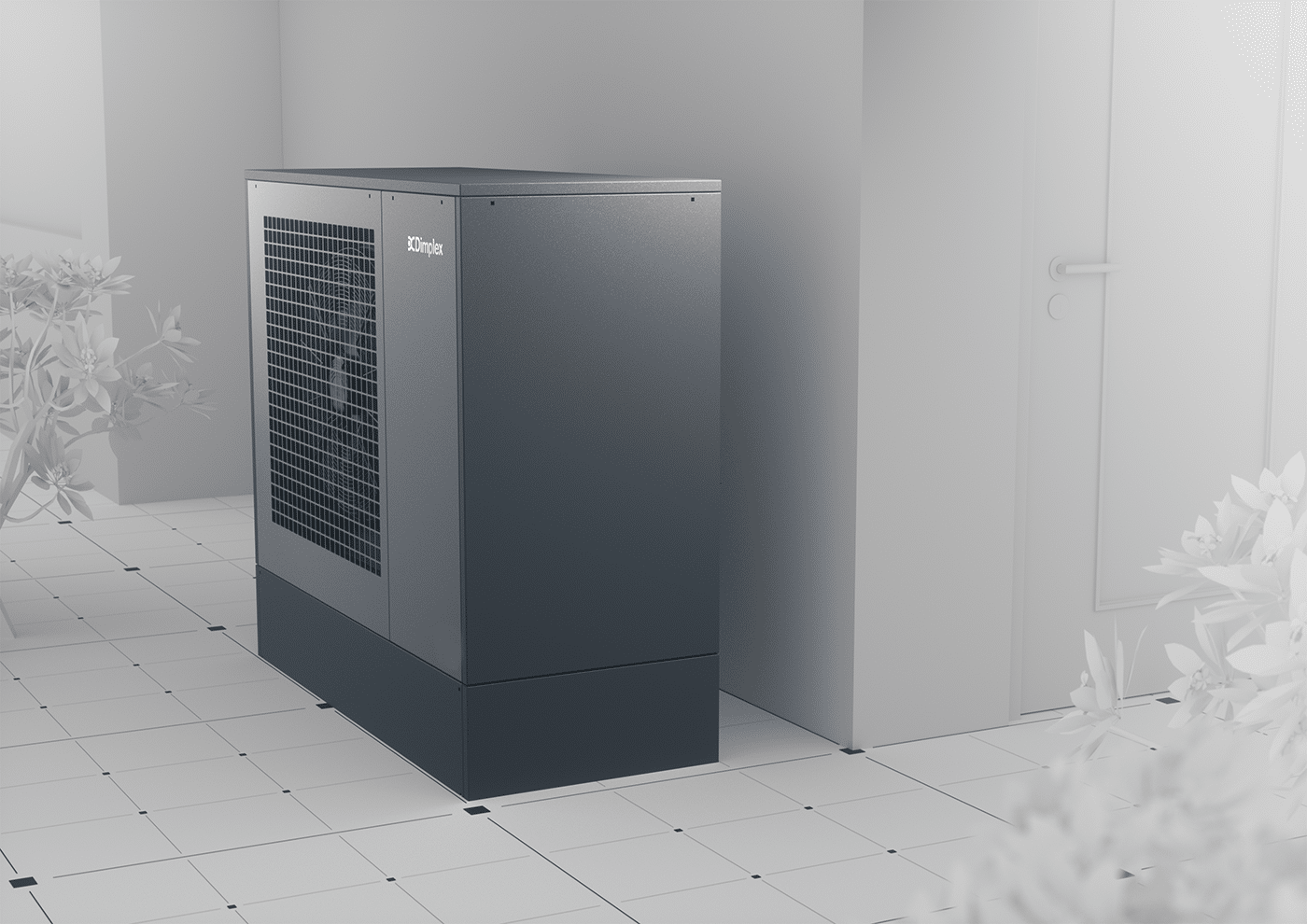 Außengerät einer Dimplex Luft-Wasser-Wärmepumpe, aufgestellt neben einer Hauswand auf gefliester Fläche, mit seitlichem Lüftungsgitter und klarer moderner Gehäuseform.