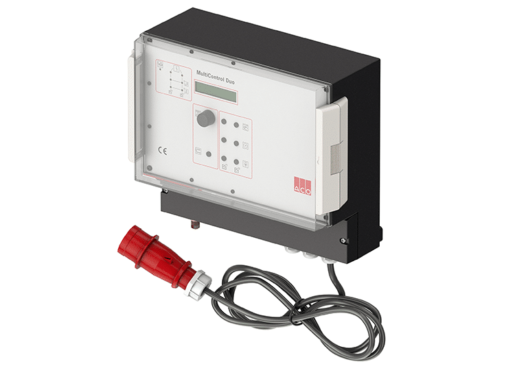 Die Niveaumessung sowie die Steuerung der Pumpentechnik erfolgt über das Schaltgerät ACO MultiControl. Dieses verfügt wahlweise über eine Modbus RTU-Schnittstelle, welche eine Weiterleitung von Meldungen und Konfiguration über die Gebäudeleittechnik erlaubt. © ACO