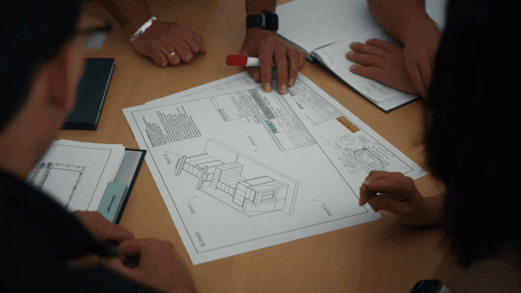 Mehrere Personen sitzen an einem Tisch und besprechen technische Zeichnungen zu einem PRIORIT-Projekt für Brandschutzlösungen.