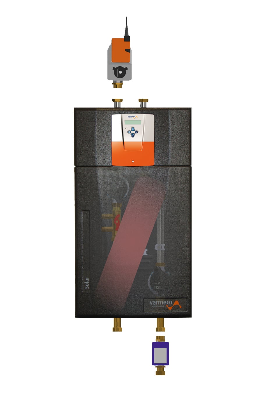 Freigestellte Abbildung der Solarstation VARIO sol-nova 2.0 von varmeco zur effizienten Regelung und Wärmeübertragung in Solaranlagen