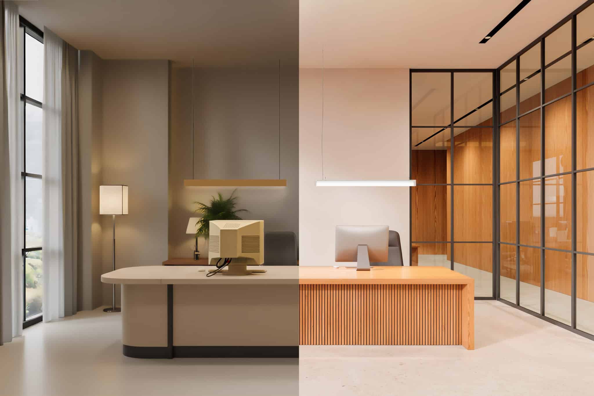 Geteilte Darstellung eines Empfangsbüros mit alter Beleuchtung links und moderner LED-Beleuchtung rechts.