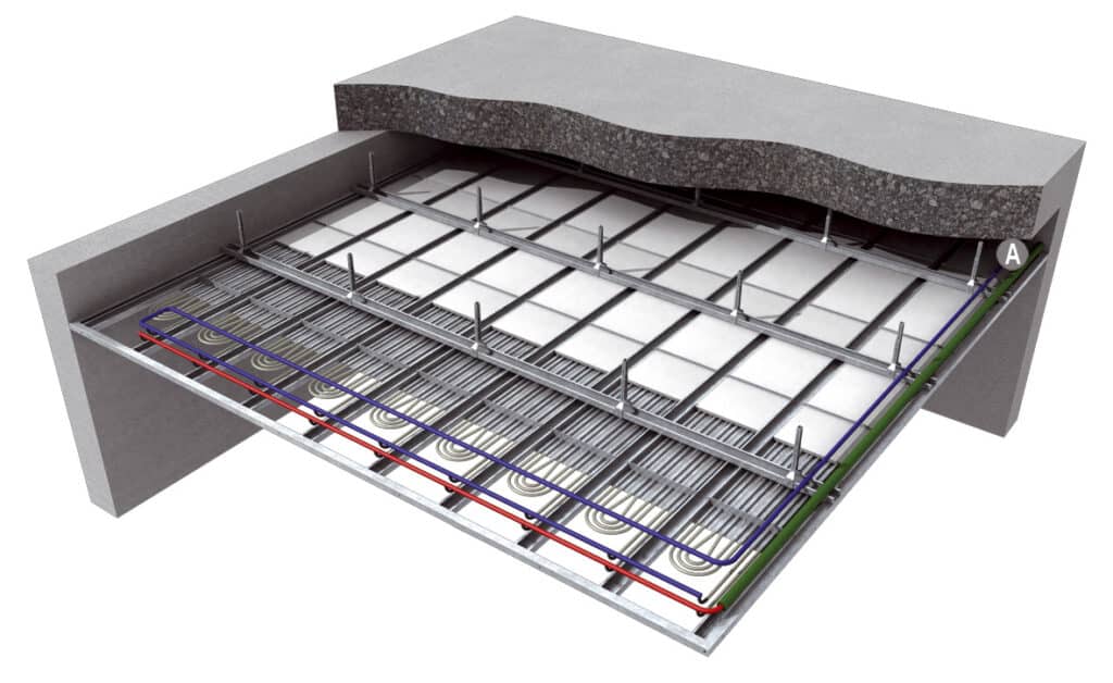 3D-Schnittdarstellung einer Deckenheiz- und Kühllösung mit Rohrleitungen, Trägersystem und Betondecke.
