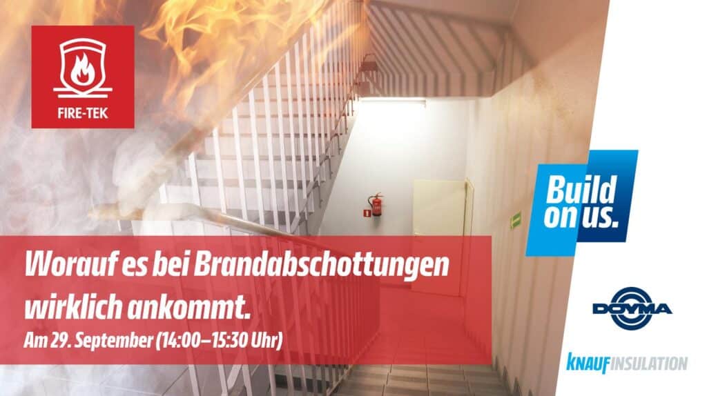 Werbegrafik für ein Webinar zum Thema Brandschutz und Brandabschottungen, mit Treppenhaus, Feuer-Illustration und Logos von Fire-Tek, Doyma und Knauf Insulation.