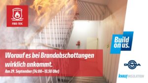 Werbegrafik für ein Webinar zum Thema Brandschutz und Brandabschottungen, mit Treppenhaus, Feuer-Illustration und Logos von Fire-Tek, Doyma und Knauf Insulation.