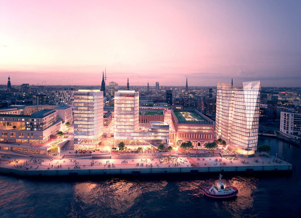 Abendliche Visualisierung des Westfield Hamburg-Überseequartiers in der HafenCity – modernes urbanes Zentrum mit Büros, Wohnungen, Geschäften und Kulturflächen, realisiert mit nachhaltigem Zementeinsatz von Holcim.