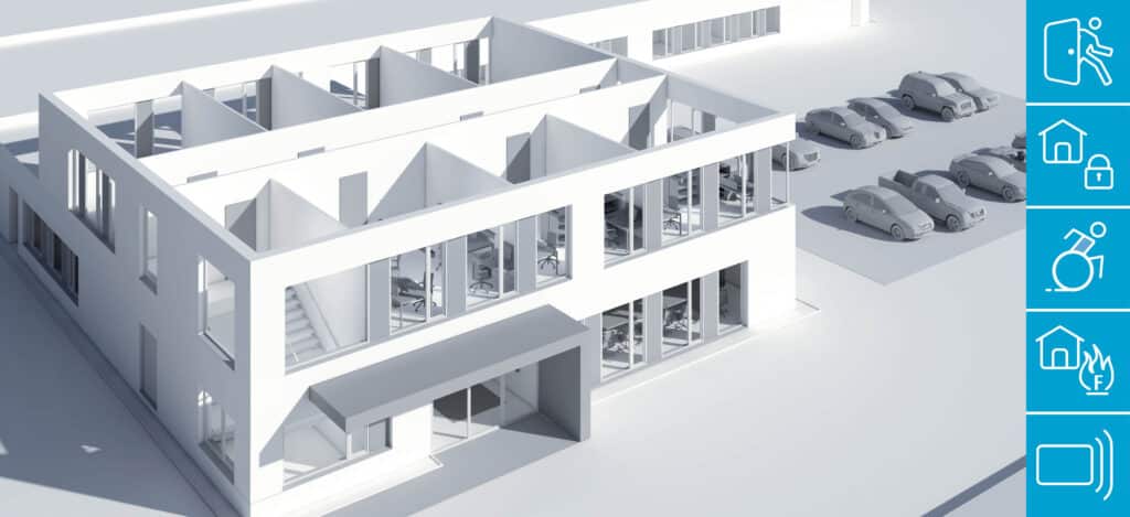 Digitale 3D-Visualisierung eines modernen Bürogebäudes mit offenen Büroräumen, Parkplätzen und Symbolen für Sicherheit, Barrierefreiheit und Brandschutz.