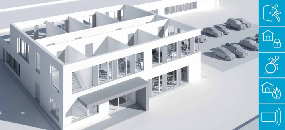 Digitale 3D-Visualisierung eines modernen Bürogebäudes mit offenen Büroräumen, Parkplätzen und Symbolen für Sicherheit, Barrierefreiheit und Brandschutz.
