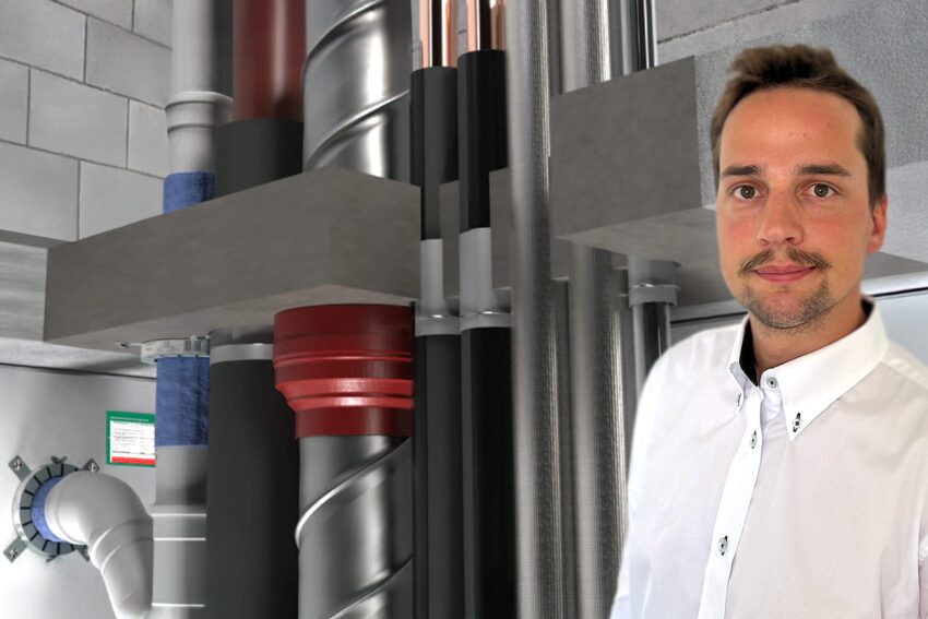 Nahaufnahme von Installationsleitungen mit Brandschutzmanschetten und Dämmungen, daneben ein Fachmann in weißem Hemd vor einem technischen Hintergrund.