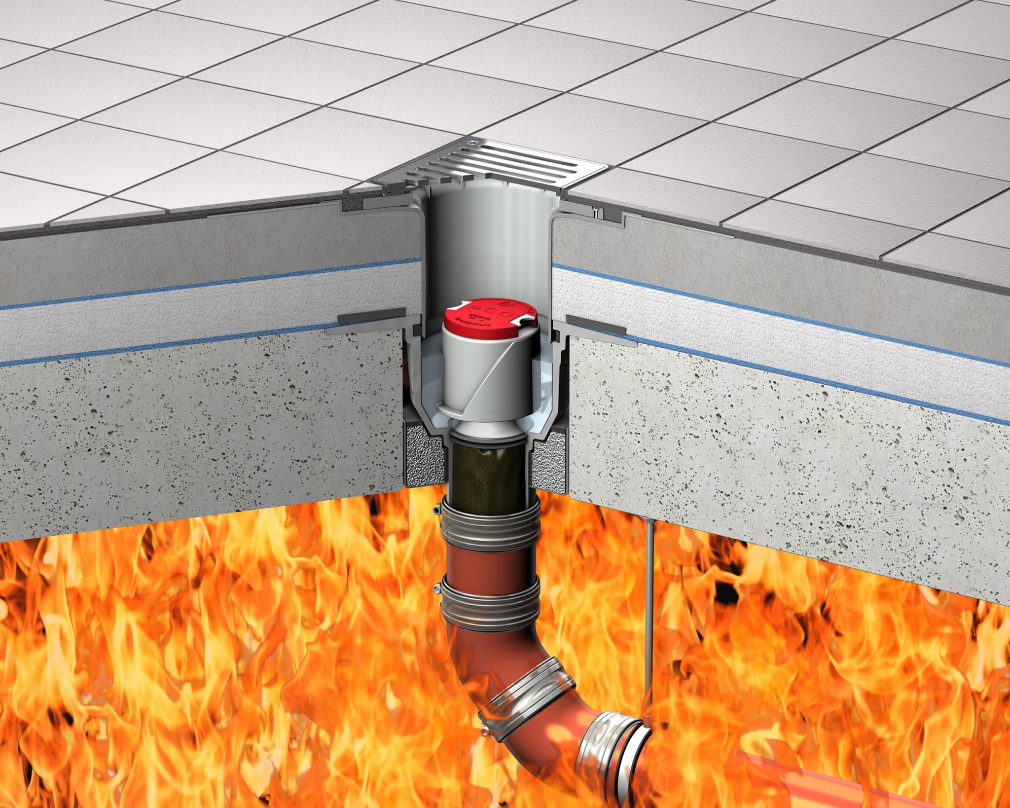 ACO Bodenablauf Passavant mit aktivierter Brandschutz-Kartusche gegen Feuer von unten.© ACO Haustechnik