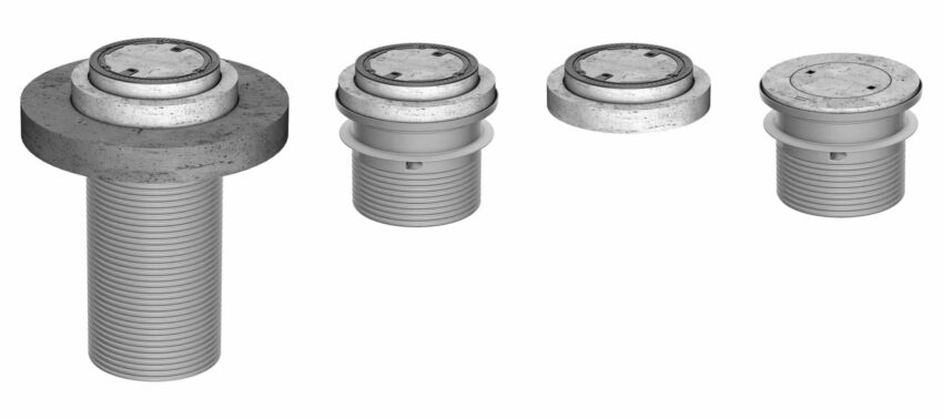 Vier verschiedene Schachtabdeckungen für den ACO LipuMax P-H Fettabscheider, mit Betonrahmen und Revisionsdeckeln für den Bodeneinbau.